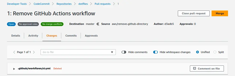 This is how our pull request looks on the CodeCommit console.