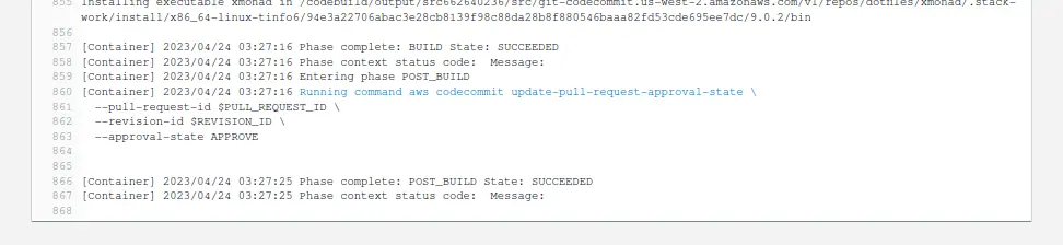 CodeBuild logs for a successful build showing the approval command.